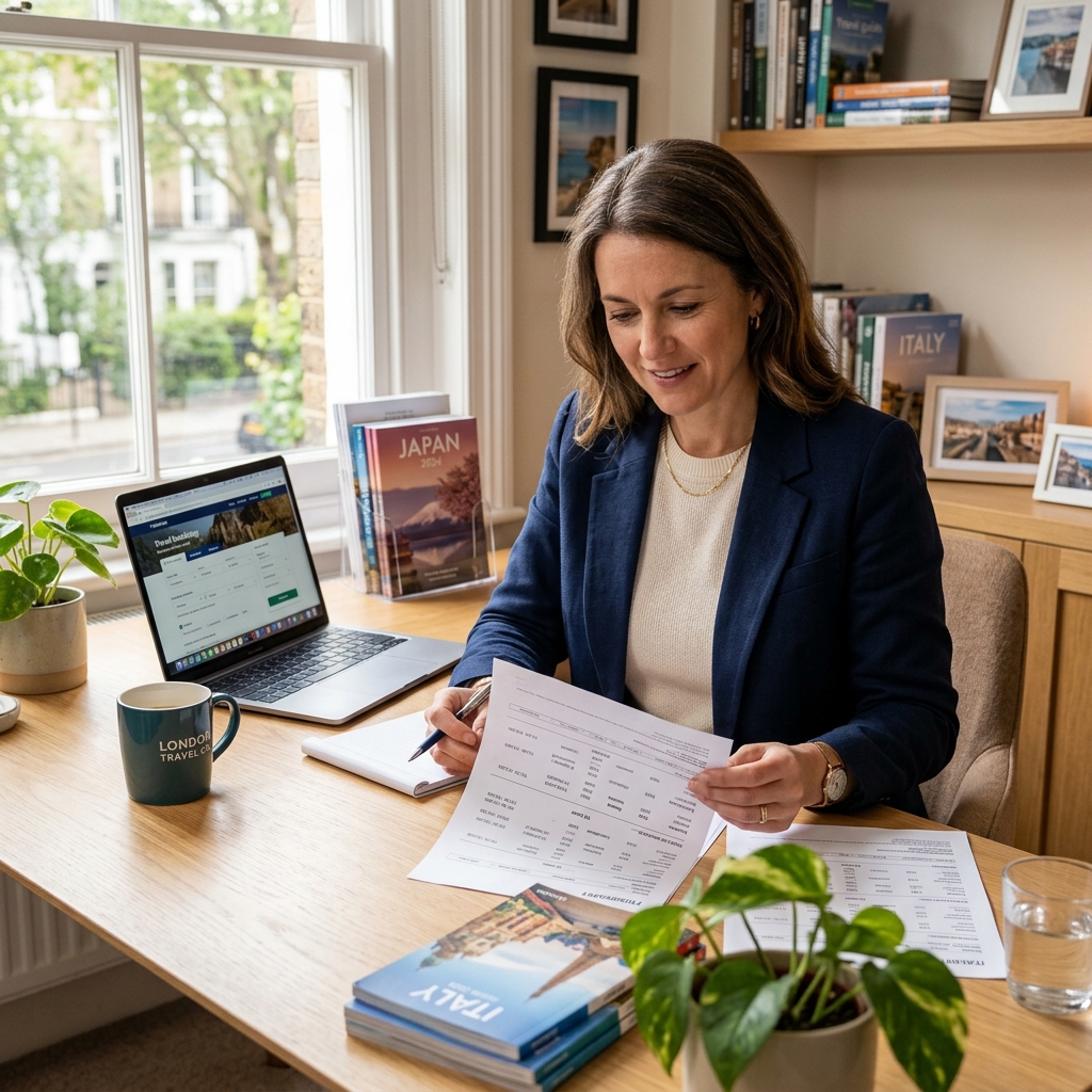 Travel advisor reviewing flight itinerary