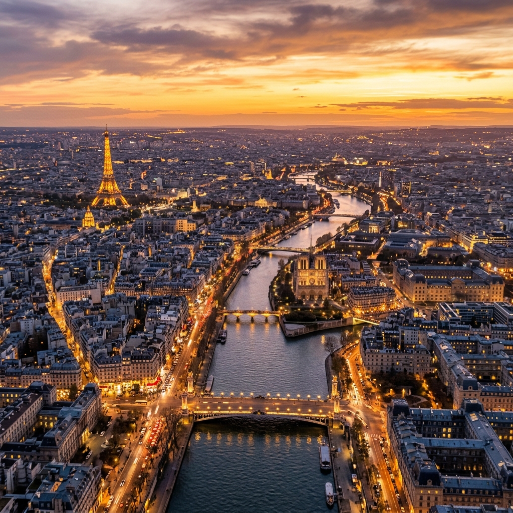 Aerial city view at dusk