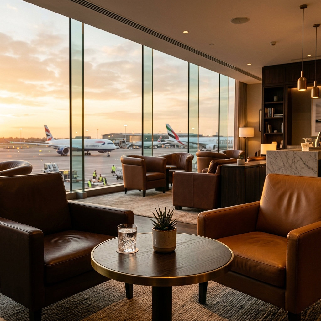 Luxury airport lounge at golden hour